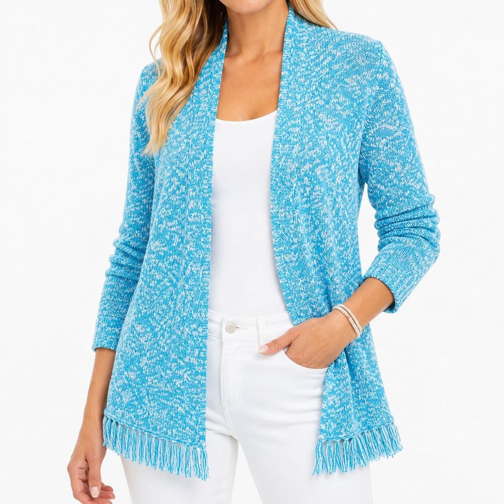 Lilly Pulitzer Mavery Cardigan XS Turquoise Shore Marled Fringe Open Front Knit